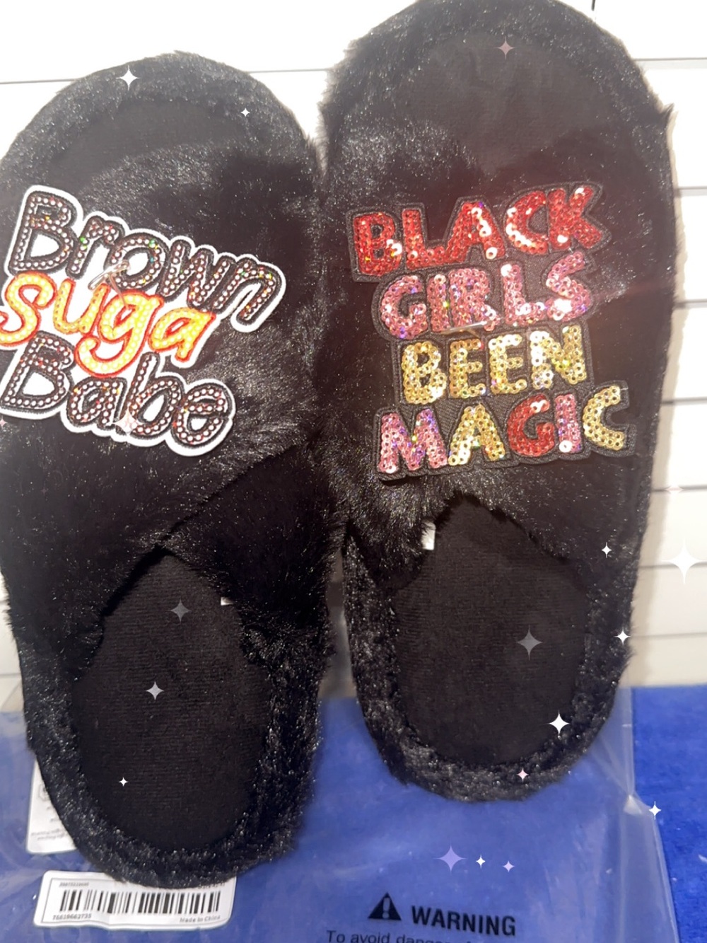 Black Fuzzy Women's Slippers with Colorful 'Black Girls Been Magic' Patch